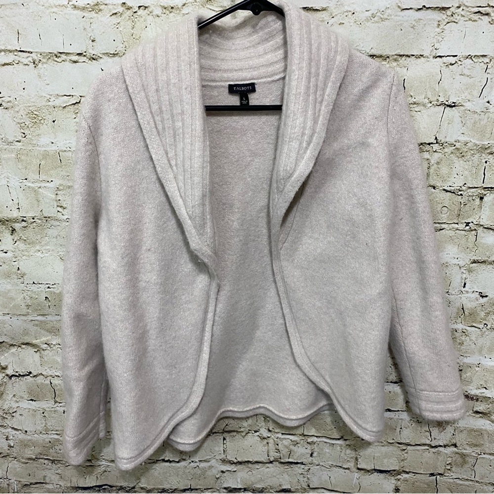 Talbots Beige Merino Wool Cashmere Blend Open Front Cardigan Sweater